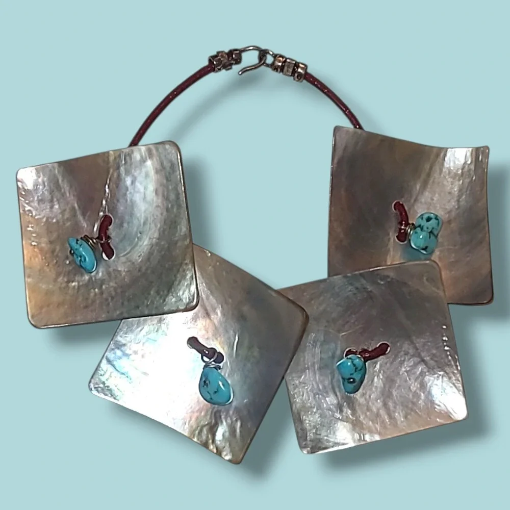 Sterling Silver Shell Turquoise Leather Bracelet Square Panel Artisan‎ 7in
